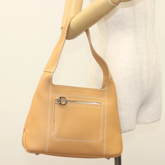 Salvatore Ferragamo Gancini Shoulder Bag Leather Beige Silver Auth - Picture 1 of 16